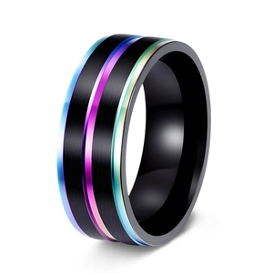 Modern Black Stainless Steel Rainbow Groove Ring For Men Women Brushed Finish Polished Comfort Fit Band Fashion Jewelry