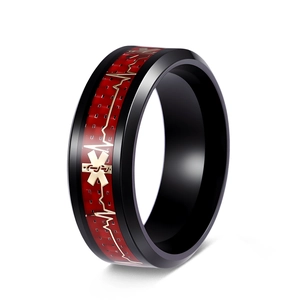 Bague Homme en Acier Titane Fibre de Carbone Rouge Battement de Coeur ECG Étoile de la Vie Signe Médical Anneau Noir Poli