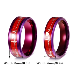 Set anelli di coppia in acciaio inossidabile viola con battito cardiaco rosso 8mm e 6mm
