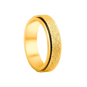 Detail of gold rotating spinner ring showing matte sandblasted finish and polished edges