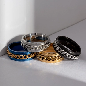 Titanium steel spinner ring with rotating Cuban chain in four metallic colors