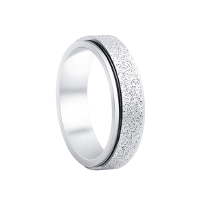 Macro detail of silver titanium steel ring showing frosted texture and polished edges