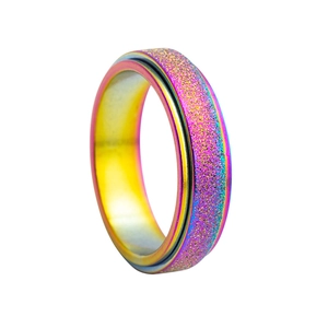 Macro shot of colorful rainbow spinner ring with matte frosted finish and polished inner band