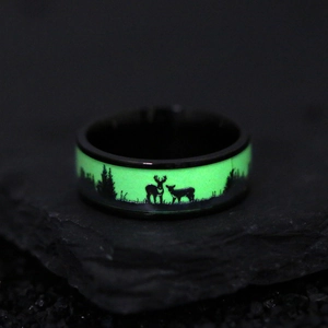 Luminous Titanium Steel Forest Elk Reindeer Ring Glow In The Dark Animal Silhouette Black Band Christmas Gift Fashion Ring