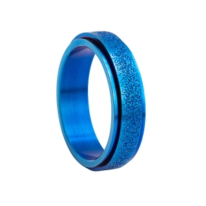 Macro shot of blue frosted rotating fidget ring with textured sandblast finish surface