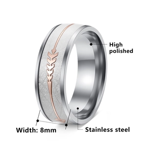 8mm stainless steel ring with white frosted texture and rose gold arrow inlay for men