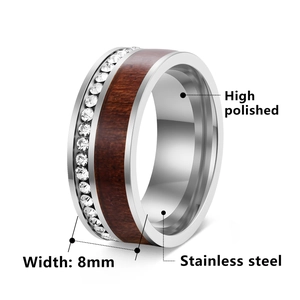 8mm stainless steel luxury ring featuring inlaid wood grain and white zircon stones