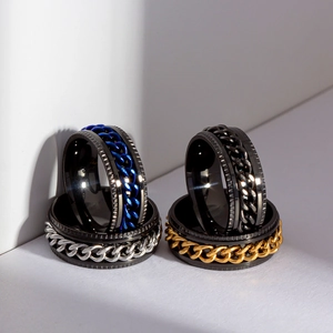 Men's spinning chain rings in stainless steel with colorful rotating Cuban links