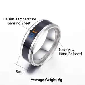 8mm stainless steel thermochromic ring showing 39 degrees Celsius with polished inner arc