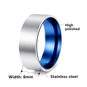 Men's 8mm two-tone stainless steel ring with silver brushed surface and blue inner band