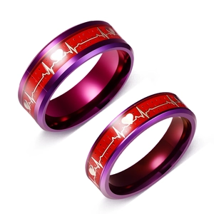 Anello di Coppia in Acciaio al Titanio Modello EKG Battito Cardiaco Viola Rosso Galvanizzato Fedina Matrimoniale Moda Gioielli