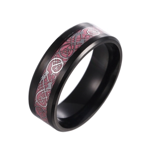 Black stainless steel ring with pink inlay and silver dragon pattern shown at 45 degrees