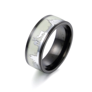 Luminous elk and forest pattern ring made of black titanium steel for Christmas gifts