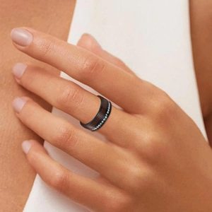 Luxury black stainless steel ring with wood inlay and cubic zirconia for men and women