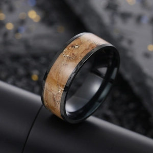Retro 8mm black metal ring with wood grain inlay and gold leaf for men and women