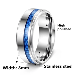 8mm polierter Edelstahlring mit blauer Kohlefasereinlage für Herren und Damen