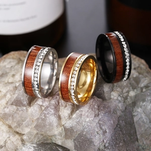 Luxury wood inlay rings with sparkling zirconia in silver, gold, and black metal tones