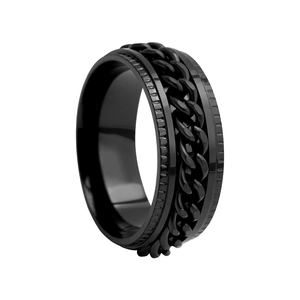 Macro detail of men's black stainless steel spinner ring with rotating Cuban chain