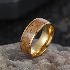 8mm vintage men's gold stainless steel ring with wood grain marble inlay on stone base