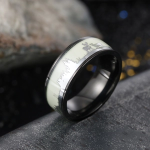 Luminous elk and forest silhouette black titanium steel ring for Christmas gift