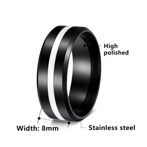 8mm black matte stainless steel ring with white inlay and brushed texture finish