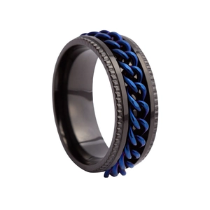 Detailed macro view of rotatable blue chain inlay on a black punk men's spinner ring