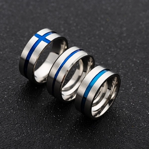 Men's 8mm brushed stainless steel ring set with blue inlay and cross engraving
