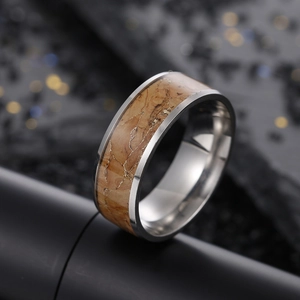 8mm vintage gold silk wood grain men's stainless steel ring with rustic finish