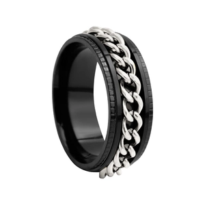 Detailed side view of men's black stainless steel ring with spinning silver chain inlay