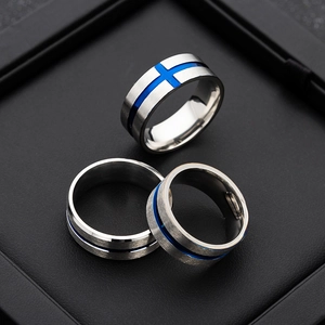 8mm stainless steel ring for men with blue cross design and matte silver brushed finish