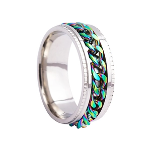 Detail of silver stainless steel fidget ring featuring a rotating rainbow chain inlay