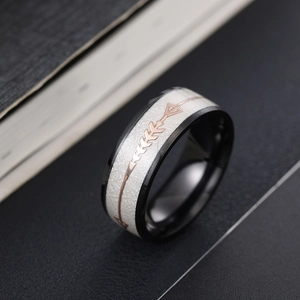 8mm black titanium steel ring with rose gold arrow inlay and white cross texture