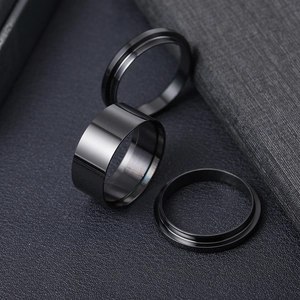 Three-piece set of minimalist black stainless steel rings with a polished industrial finish