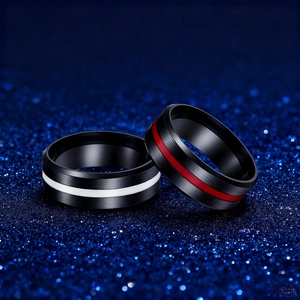 8mm black brushed stainless steel rings for men with sleek white and red center inlay stripes