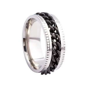 Detailed close-up of a men's stainless steel gear ring with black chain inlay decor
