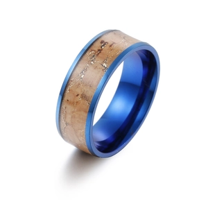 Detailed shot of 8mm blue metallic ring with wood grain texture and gold wire inlay