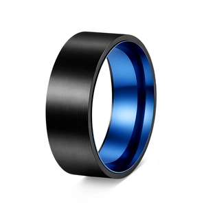 Detail of brushed black surface and polished blue inner plating on men's steel ring