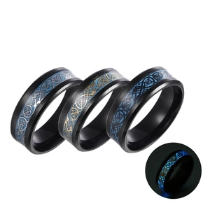 Luminous black stainless steel men's dragon rings with blue glow-in-the-dark inlay
