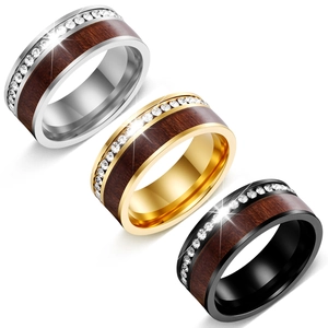 High Polished 304 Stainless Steel Ring For Men Women Wood Grain Inlaid Rhinestone Fashion Jewelry Elegant Wedding Band Finger Ring