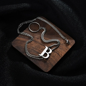 Collier hip-hop en acier inoxydable avec pendentif lettre B argenté et chaîne mixte