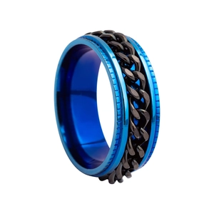 Detailed side view of blue spinner ring with black cuban chain inlay for men