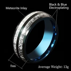 Modern 8mm black titanium ring for men with silver ice silk foil inlay and blue interior