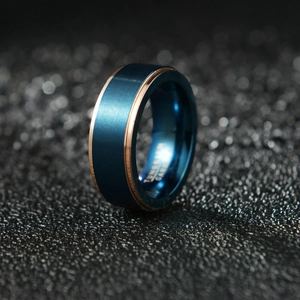 Men's 8mm tungsten carbide ring with blue brushed surface and rose gold edges