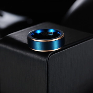 8mm blue brushed tungsten carbide ring with rose gold edges for men's wedding band