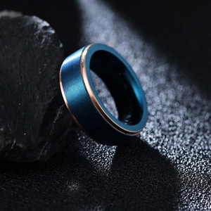 Men's Stainless Steel Ring Brushed Blue And Gold Dual Tone Geometric Band Fashion Wedding Ring Industrial Style Jewelry