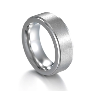 Men's titanium steel ring featuring a brushed silver surface and polished beveled edges