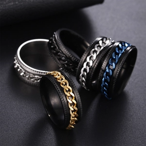 Men's spinning chain rings set in silver, gold, blue and black stainless steel