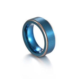 8mm brushed blue tungsten carbide ring with rose gold edges and inner engraving