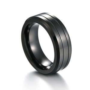 8mm black titanium steel ring for men with dual grooves and a polished mirror finish