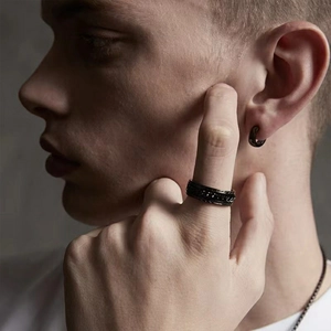 Men's minimalist black stainless steel ring with chain inlay and matching small hoop earring